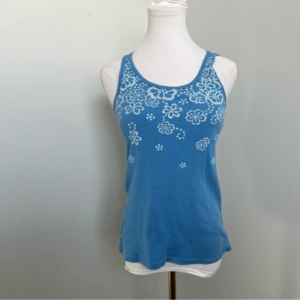 Y2K Blue Floral Tank Top Baby Tee Style White Flower Graphic Camisole XL - Picture 2 of 6